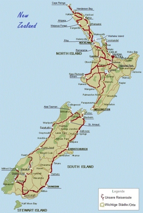 Neuseeland map north and south Dunedin